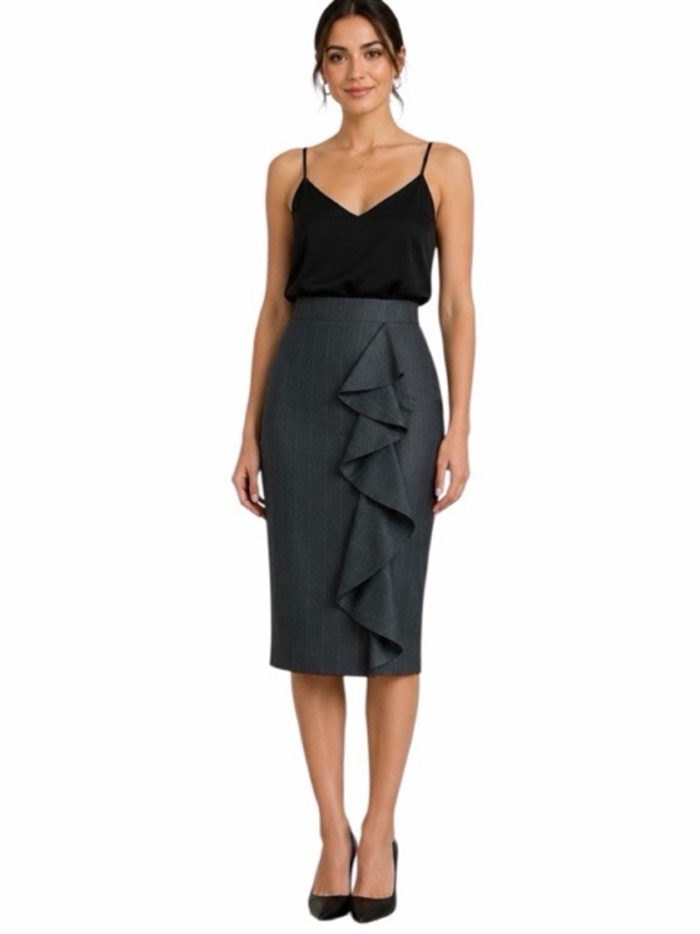 Poleci Ruffle Wool Blend Pin Stripe Skirt